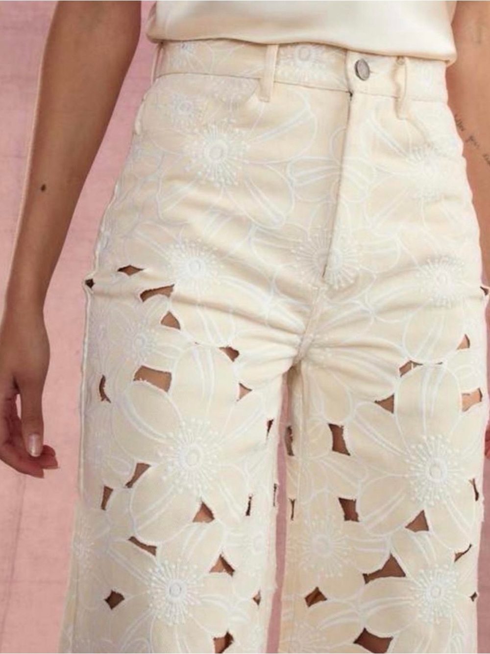 Cynthia Rowley High-Waist Cream Floral Cutout Wide-Leg Pants
